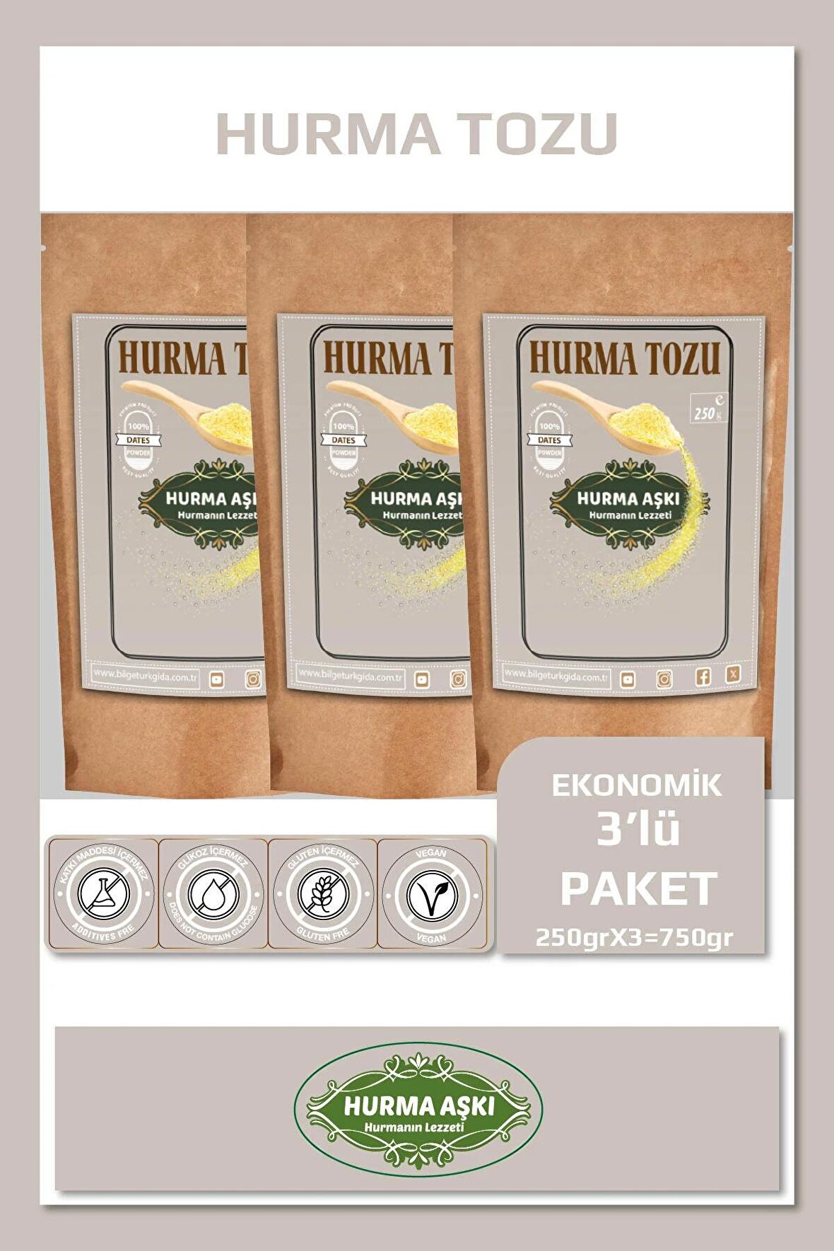 Hurma Aşkı Hurma Tozu 250GrX3=750Gr