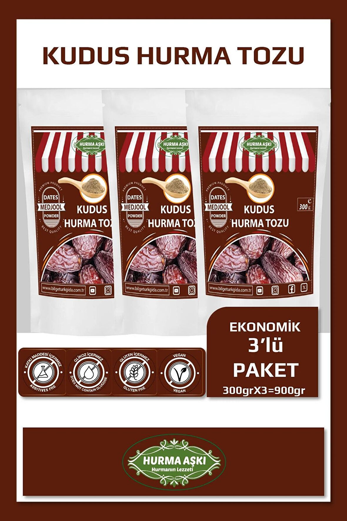 Hurma Aşkı Hurma Tozu Kudus 300GrX3=900Gr