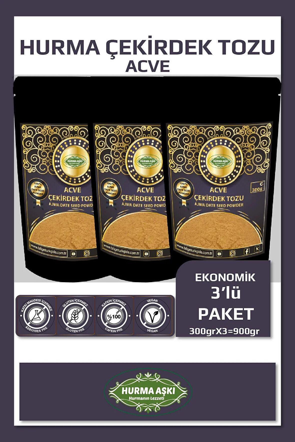 Hurma Aşkı Acve Hurma Çekirdeği Tozu 300GrX3=900Gr