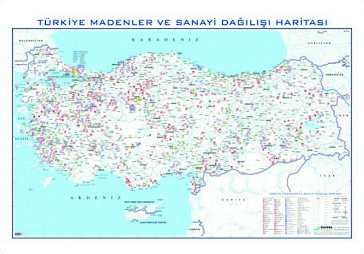 TÜRKİYE MADENLER VE SANAYİ DAĞILIŞI HARİTASI 80X135 CM