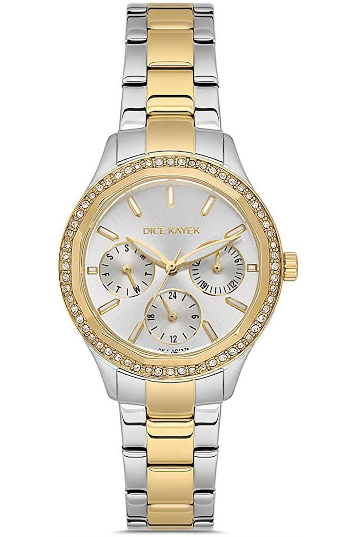 Dice Kayek DK.1.AG1375.04 Taşlı Tasarım Çelik Kordon Çelik Kasa 5 ATM Suya Dayanıklı Metalik-Altın Renk Kadın Kol Saati
