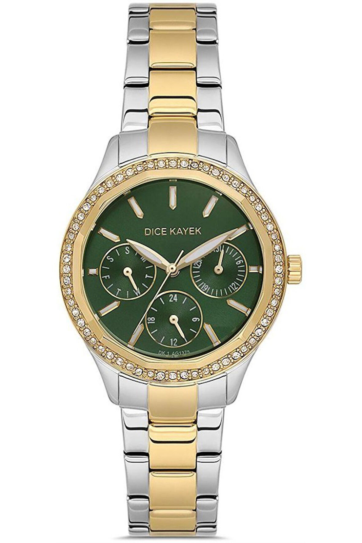 Dice Kayek DK.1.AG1375.05 Taşlı Tasarım Çelik Kordon Çelik Kasa 5 ATM Suya Dayanıklı Metalik-Altın Renk Kadın Kol Saati