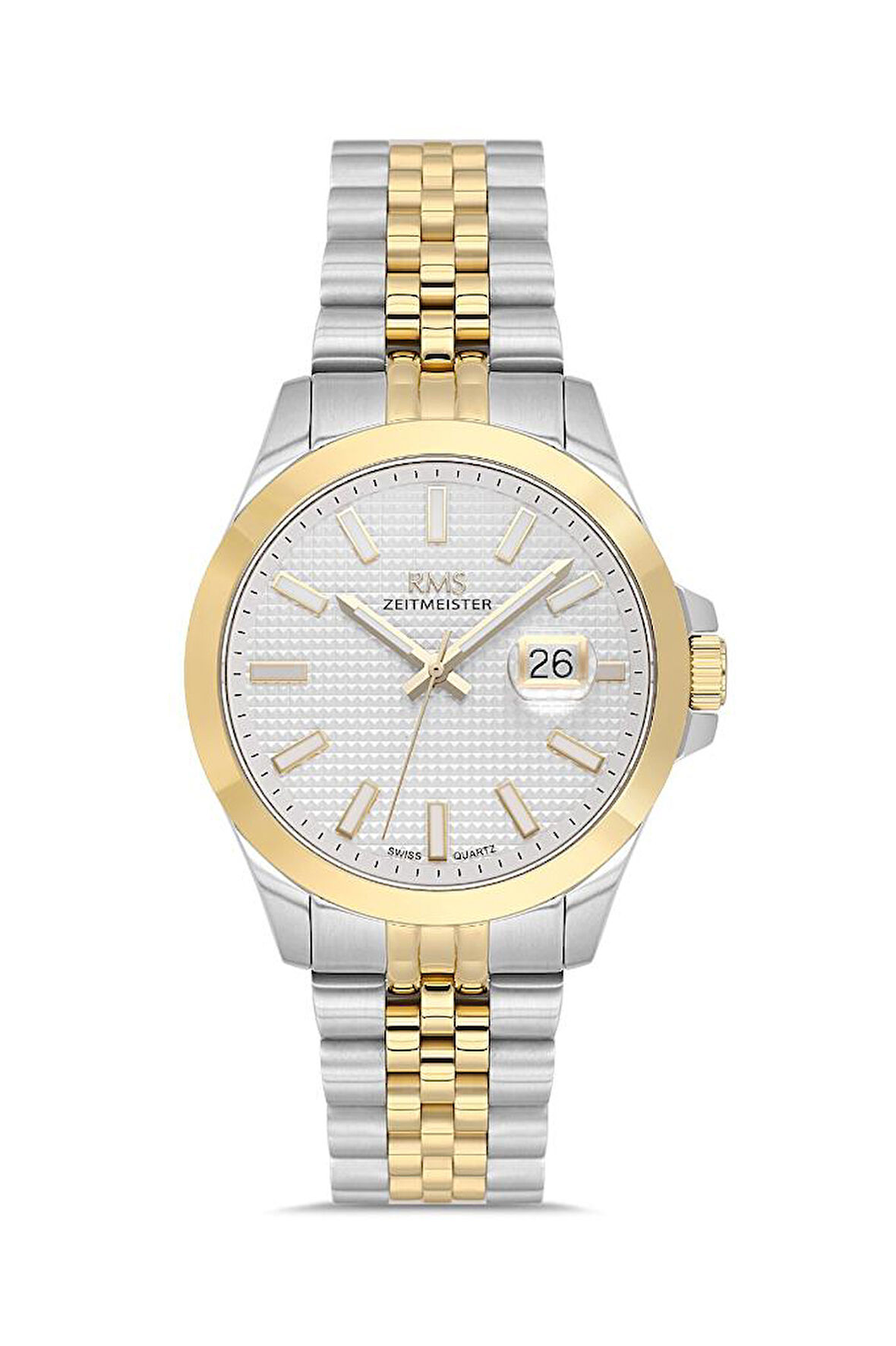 RMS Zeitmeister RMS.1.AG1600.08 İsviçre Mekanizmalı Çizilmez Safir Cama Sahip 5 ATM Suya Dayanıklı Çelik Kordonlu Gümüş-Altın Erkek Kol Saati