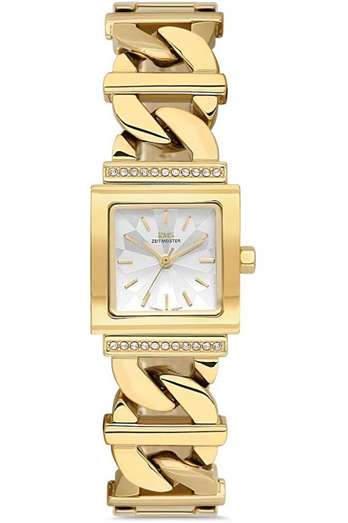 RMS Zeitmeister RMS.1.AG2055.04 Taşlı Tasarım Kare Kadranlı Kristal Camlı Çelik Kordon Çelik Kasa 5 ATM Suya Dayanıklı Altın Renk Kadın Kol Saati