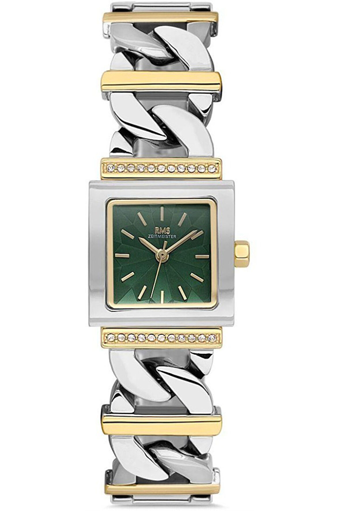 RMS Zeitmeister RMS.1.AG2055.06 Taşlı Tasarım Kare Kadranlı Kristal Camlı Çelik Kordon Çelik Kasa 5 ATM Suya Dayanıklı Metalik-Altın Renk Kadın Kol Saati