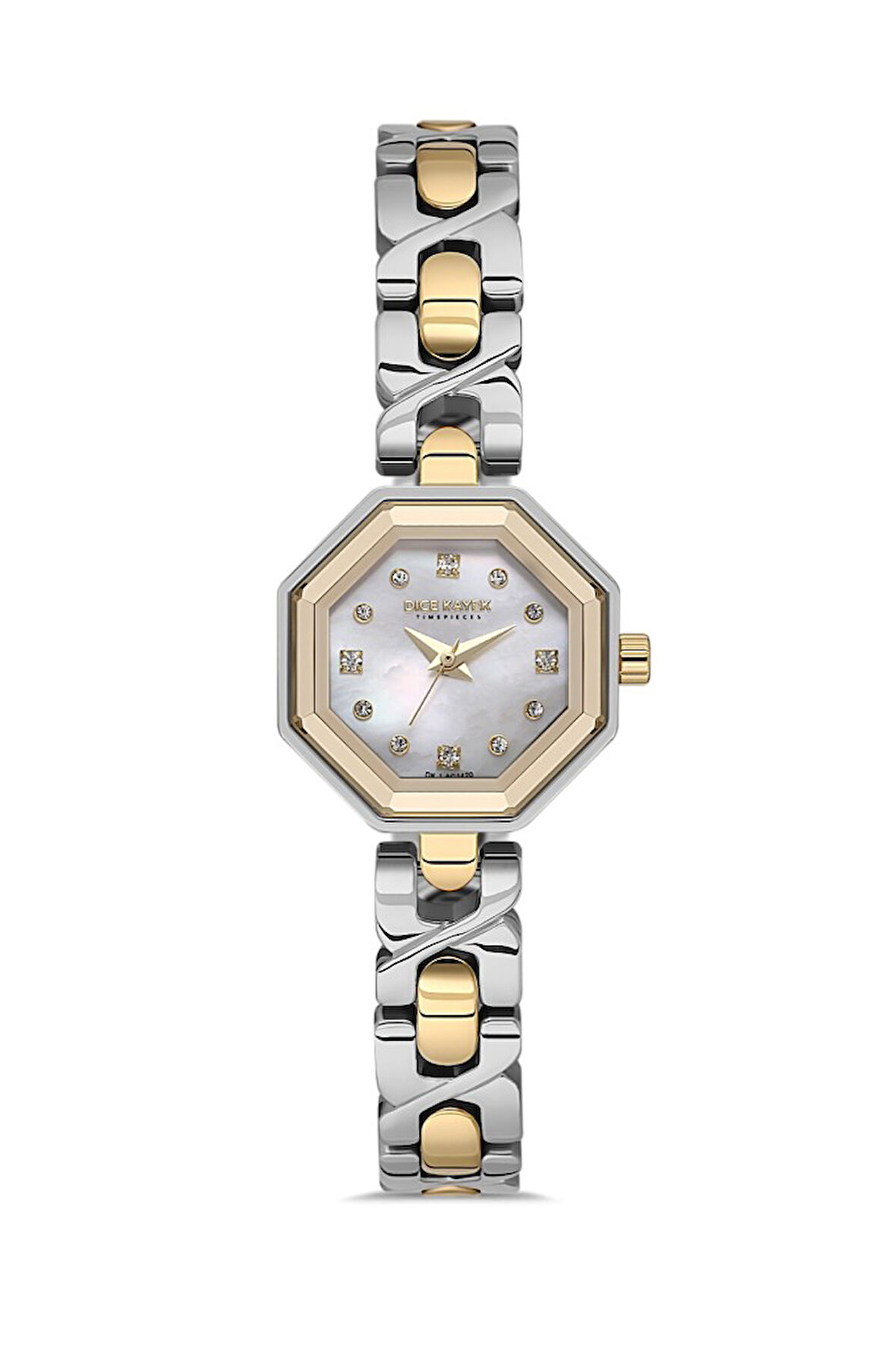 Dice Kayek DK.1.AG1420.04 Taşlı Tasarım Çelik Kordon Çelik Kasa 5 ATM Suya Dayanıklı Metalik-Altın Renk Kadın Kol Saati