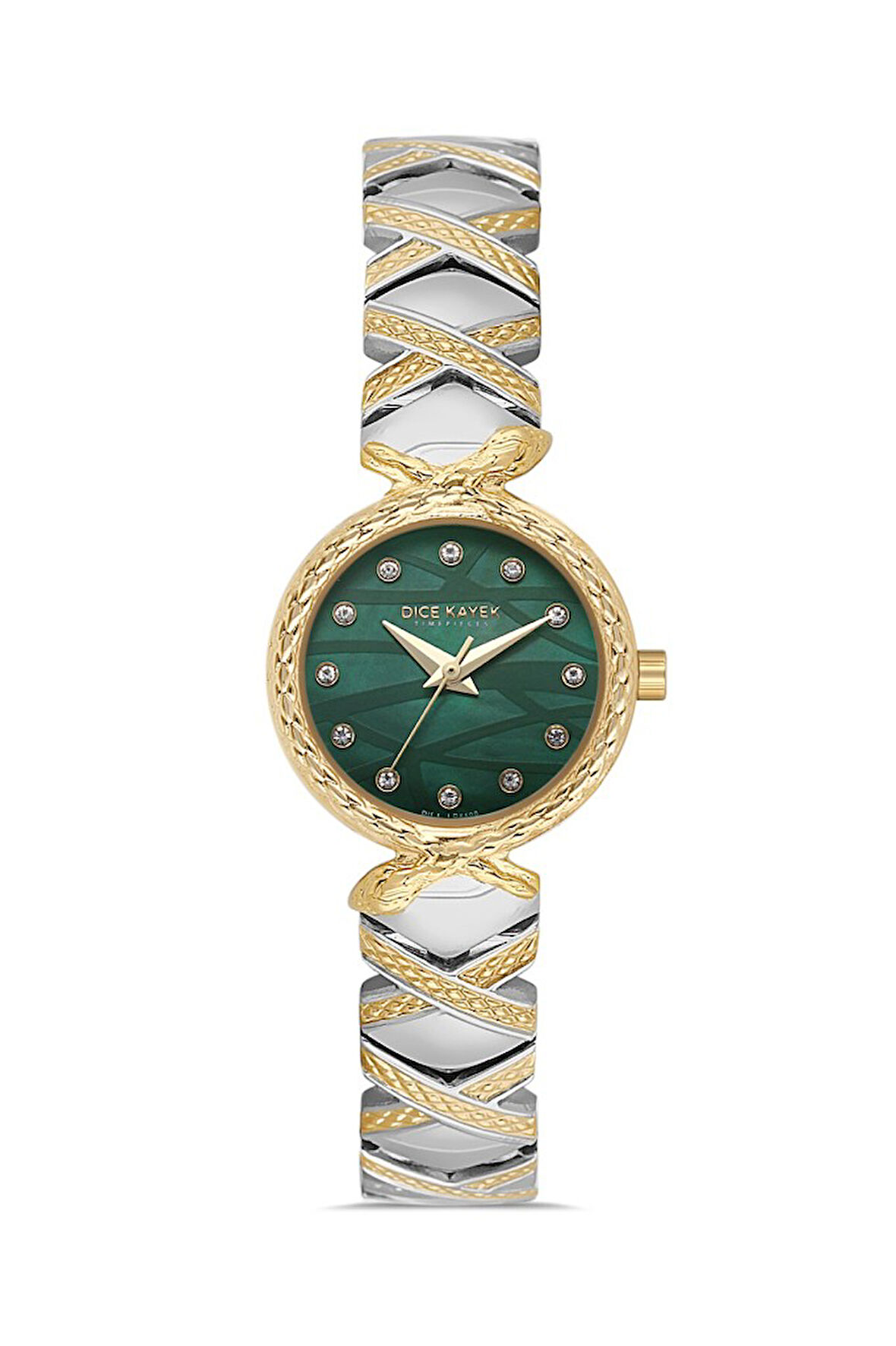 Dice Kayek DK.1.AG1408.04 Taşlı Tasarım Çelik Kordon Çelik Kasa 5 ATM Suya Dayanıklı Metalik-Altın Renk Kadın Kol Saati