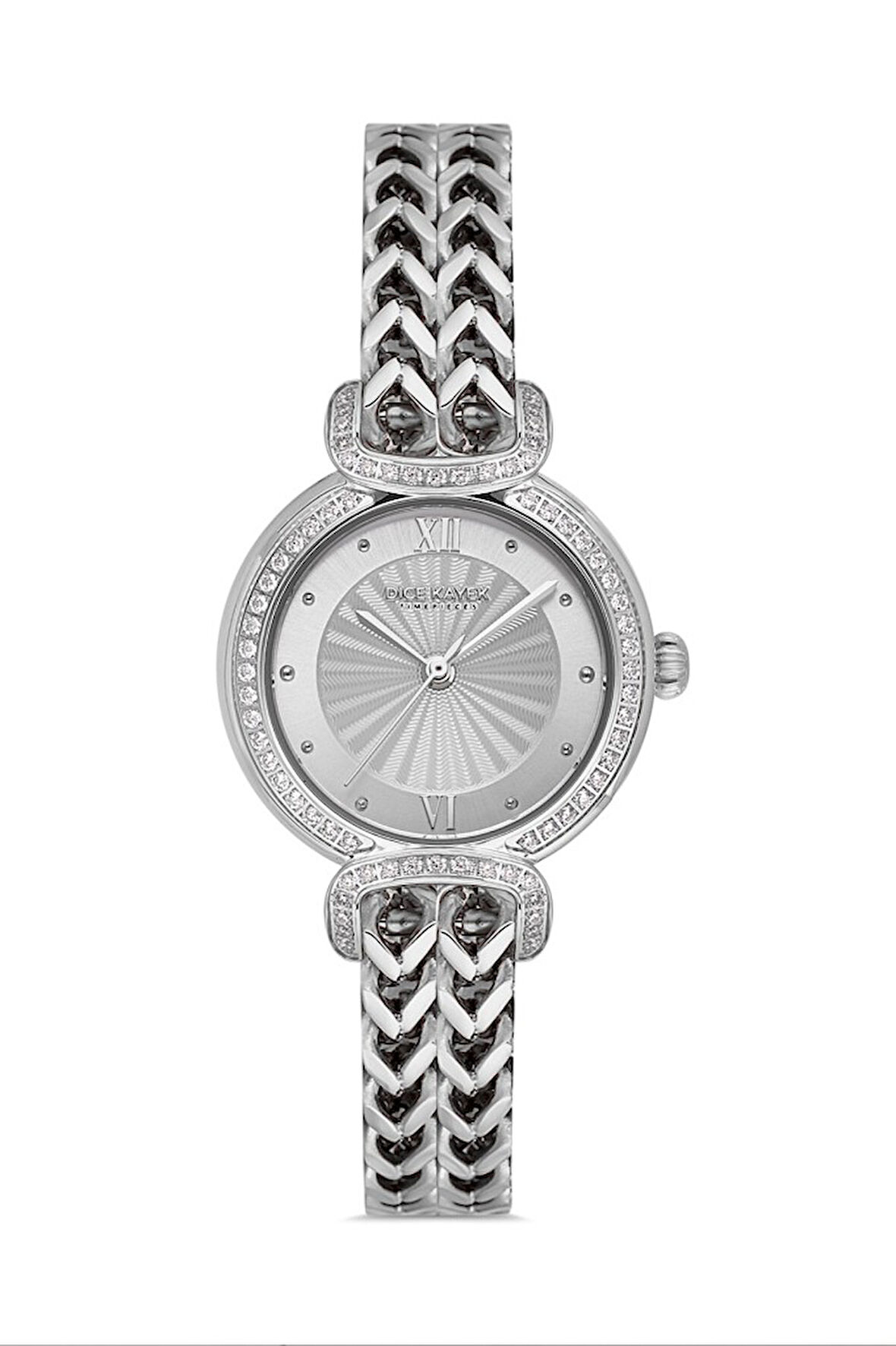 Dice Kayek DK.1.AG1411.01 Taşlı Tasarım Çelik Kordon Çelik Kasa 5 ATM Suya Dayanıklı Metalik Renk Kadın Kol Saati