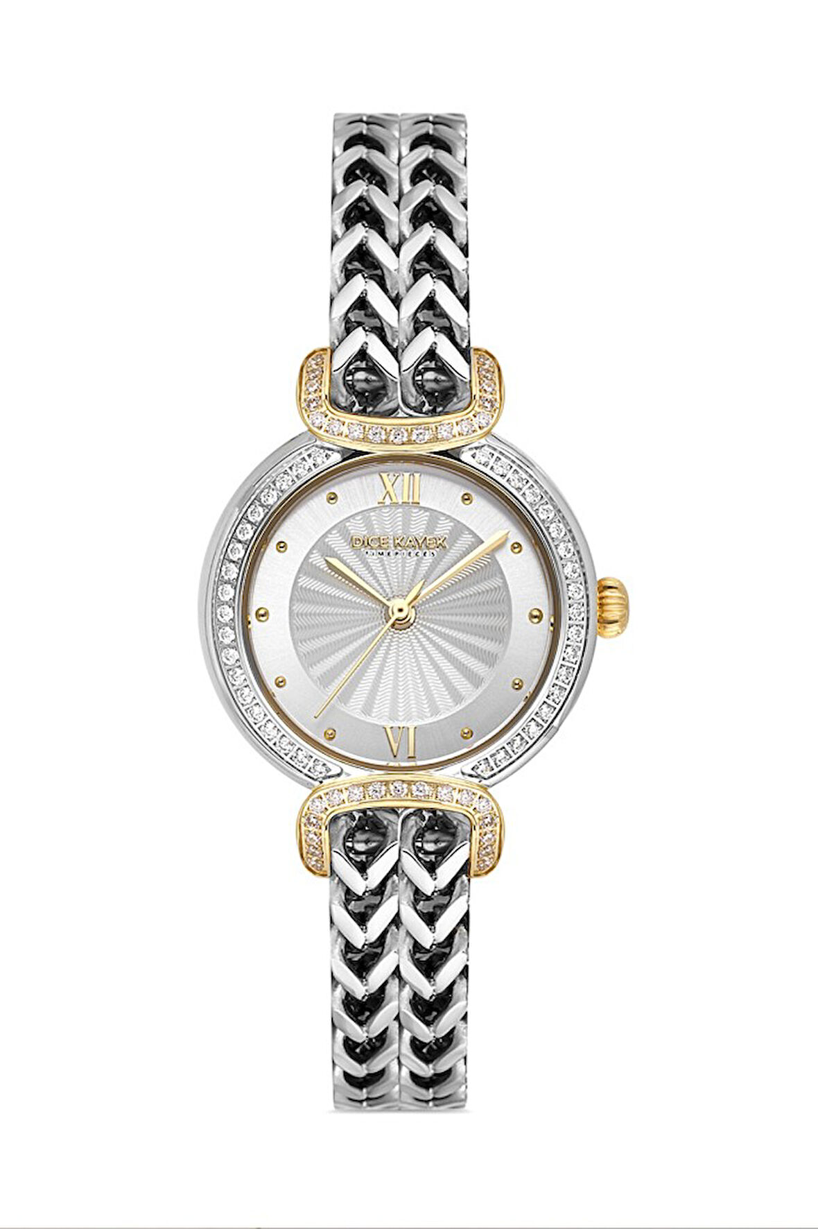 Dice Kayek DK.1.AG1411.03 Taşlı Tasarım Çelik Kordon Çelik Kasa 5 ATM Suya Dayanıklı Metalik-Altın Renk Kadın Kol Saati