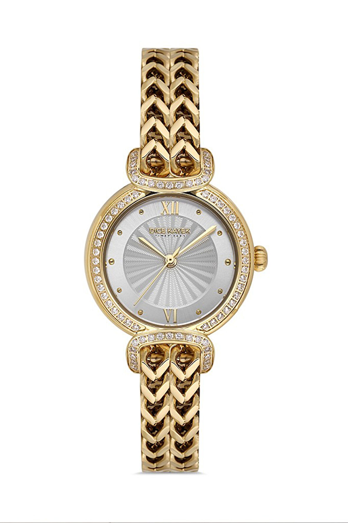 Dice Kayek DK.1.AG1411.04 Taşlı Tasarım Çelik Kordon Çelik Kasa 5 ATM Suya Dayanıklı Altın Renk Kadın Kol Saati
