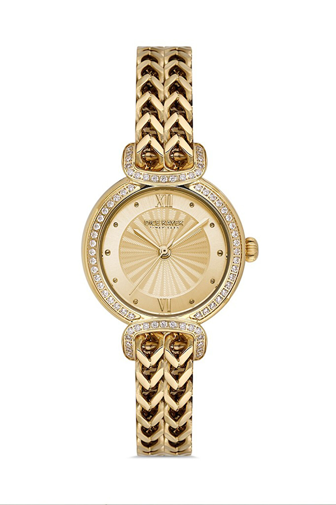 Dice Kayek DK.1.AG1411.05 Taşlı Tasarım Çelik Kordon Çelik Kasa 5 ATM Suya Dayanıklı Altın Renk Kadın Kol Saati