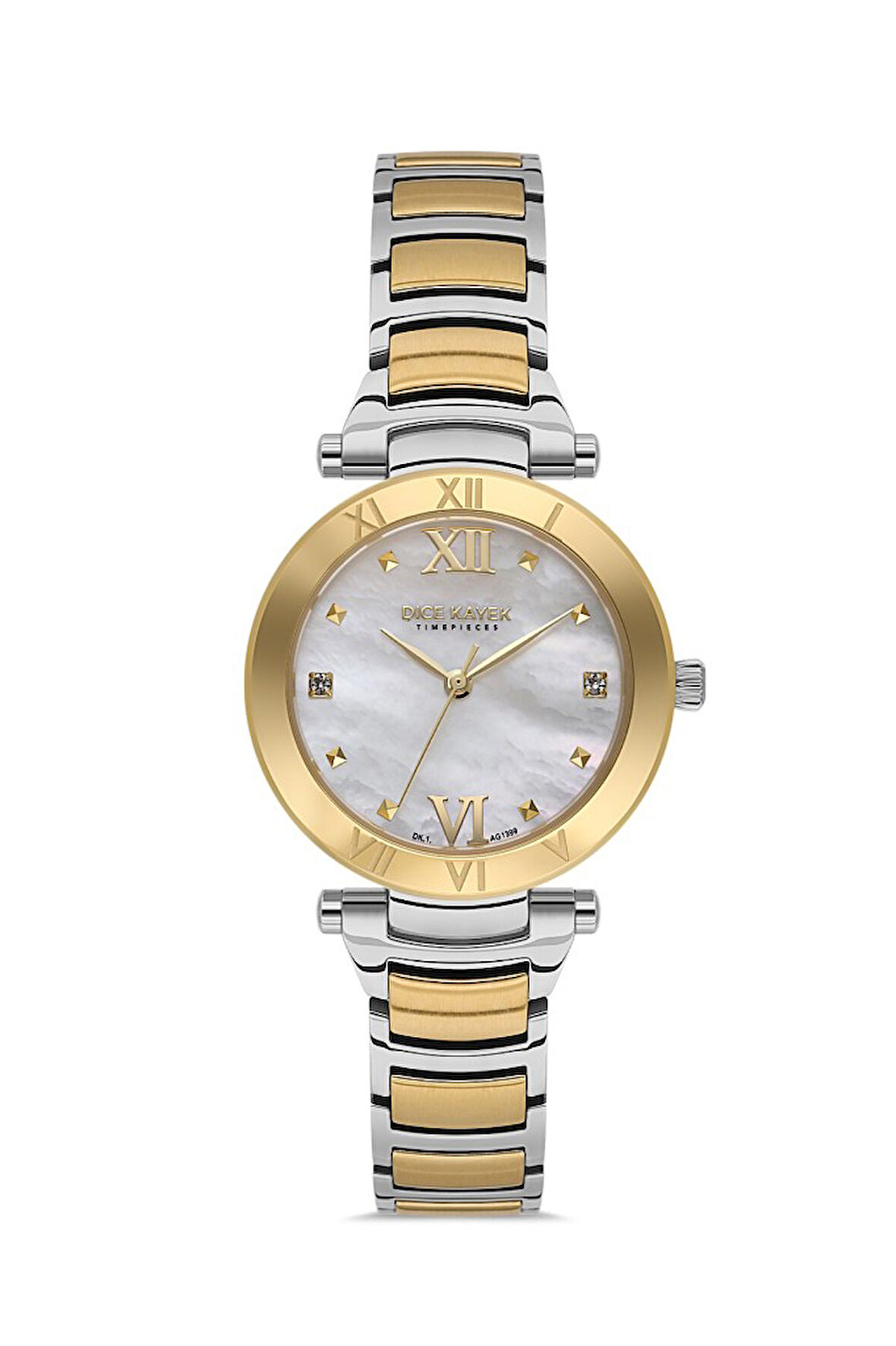 Dice Kayek DK.1.AG1399.03 Taşlı Tasarım Sedef Kadranlı Çelik Kordon Çelik Kasa 5 ATM Suya Dayanıklı Metalik-Altın Renk Kadın Kol Saati