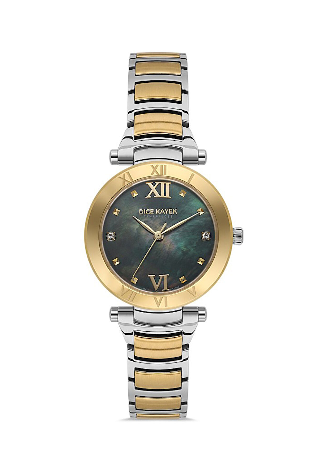 Dice Kayek DK.1.AG1399.04 Taşlı Tasarım Çelik Kordon Çelik Kasa 5 ATM Suya Dayanıklı Metalik-Altın Renk Kadın Kol Saati