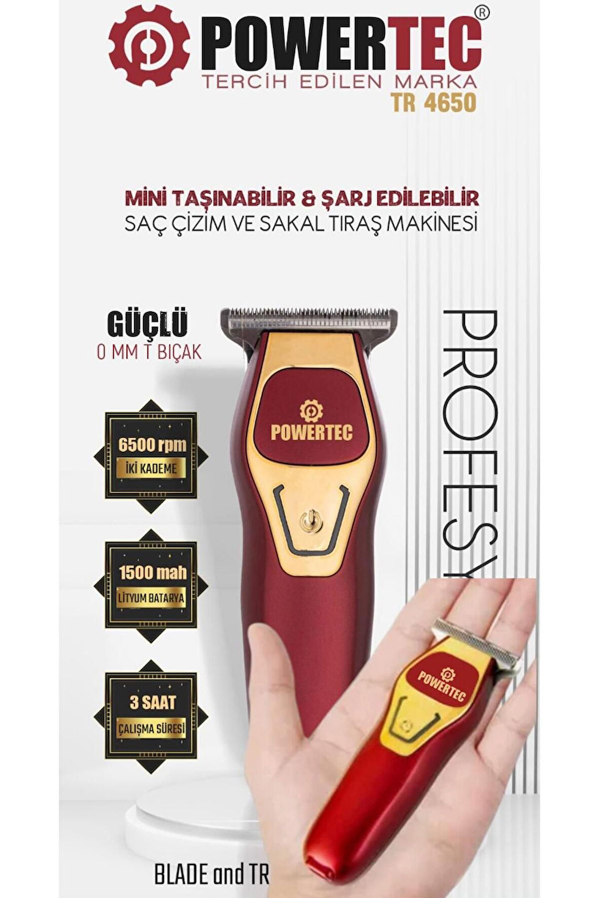 TR-4650 Mini Profesyonel Tıraş Makinesi (Türkiye'nin en küçük profesyonel makinesi)Type-C Hızlı Şarj