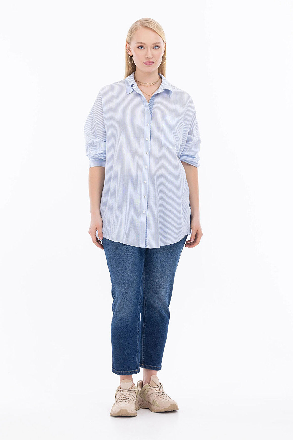 Galaxi Kadın Büyük Beden Şerit Desenli Çizgili Gömlek 1041 Mavi