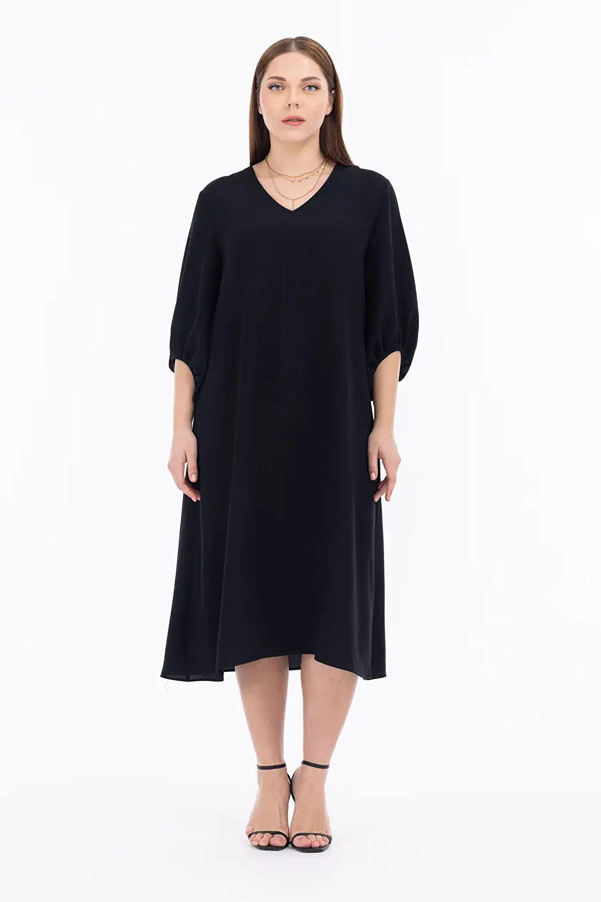 Galaxi Kadın Büyük Beden Midi Boy Truvakar Kol Elbise 1090 Siyah
