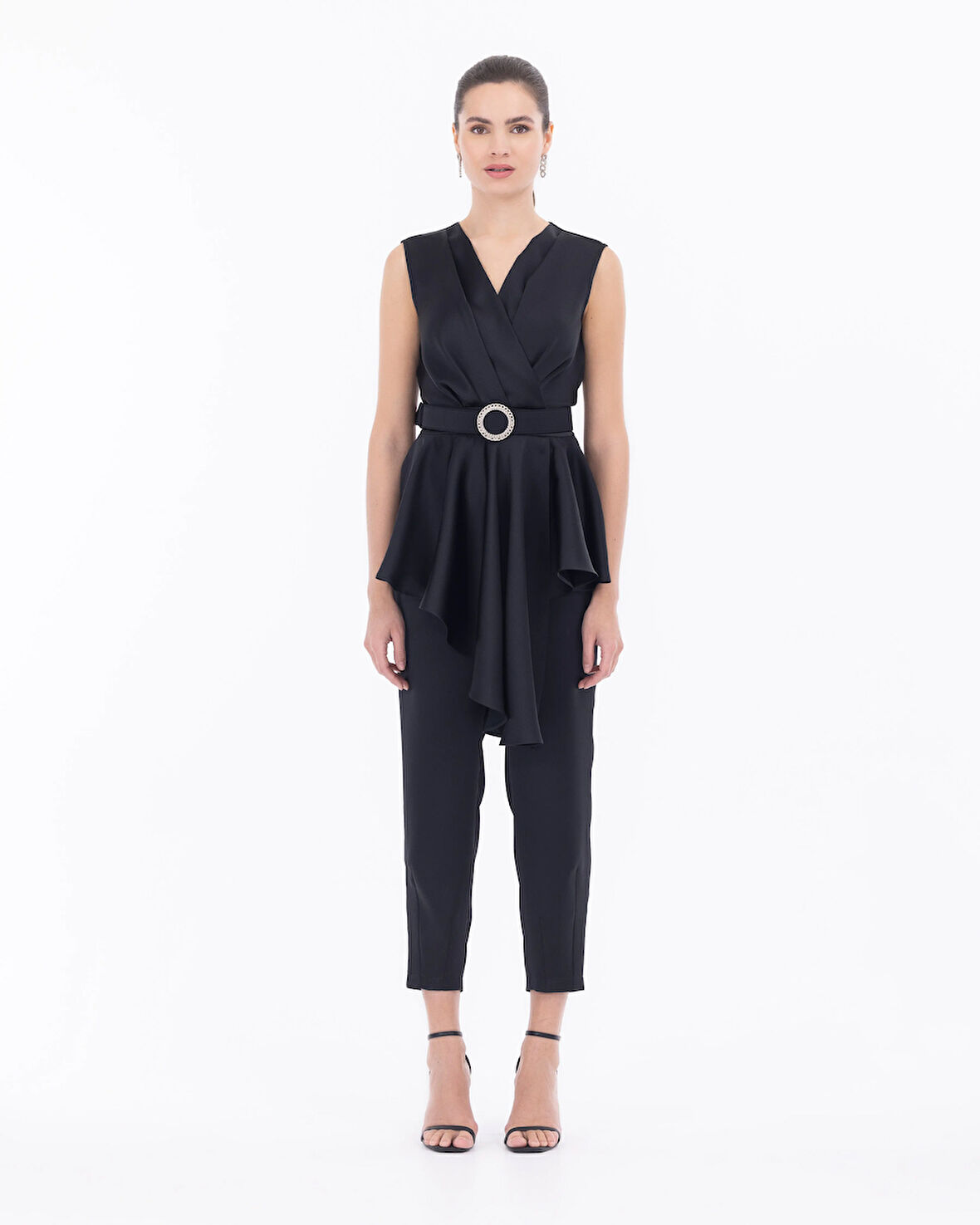 Kemerli Peplum Kolsuz Şık Tulum-Siyah | 36