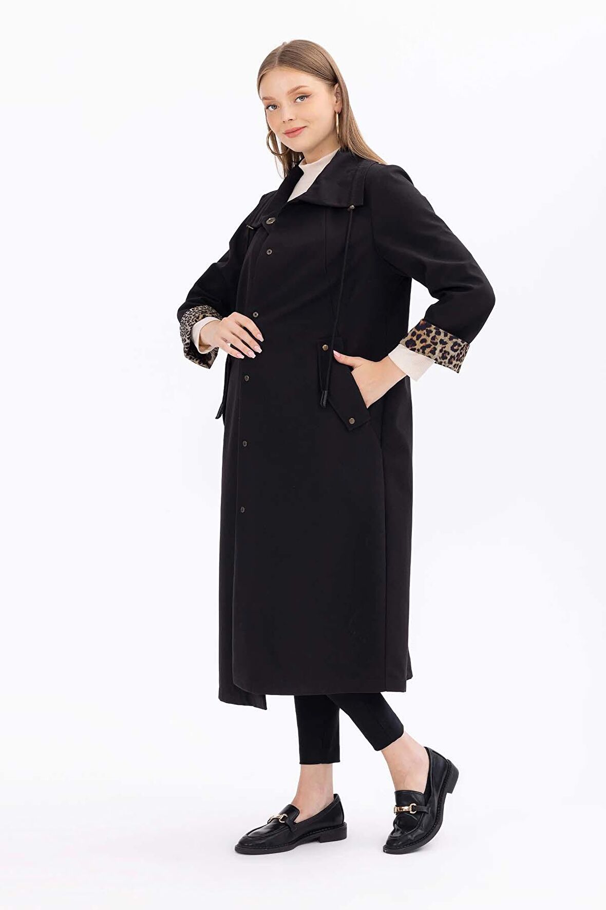 Galaxi Kadın Büyük Beden Astarı Desenli Midi Boy Trençkot 1008 Siyah