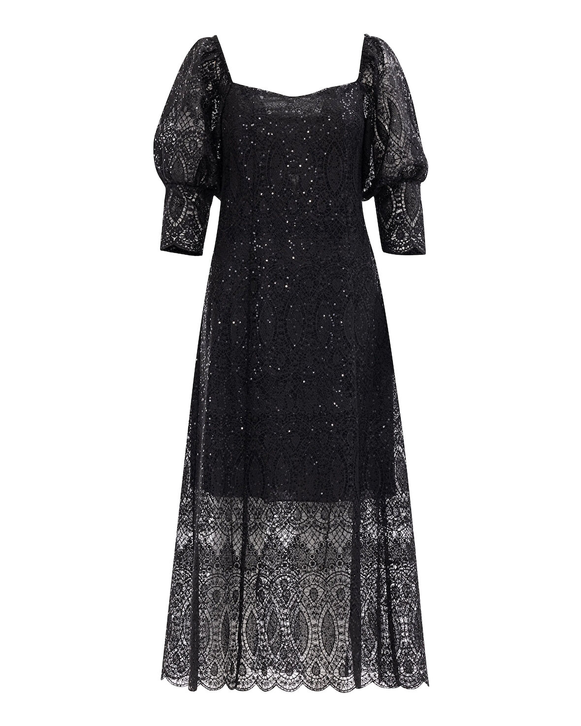 Kadın Kare Yaka Balon Kollu Şık Elbise-Siyah | 44