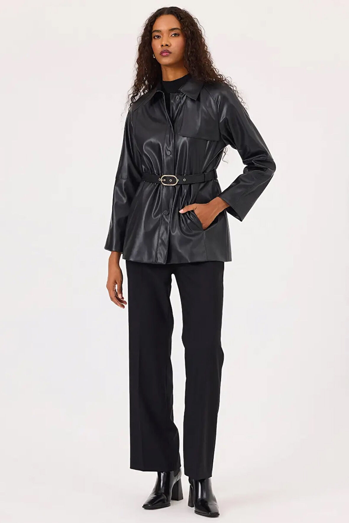 Kadın Kemerli Cepli Suni Deri Ceket - Siyah | 38