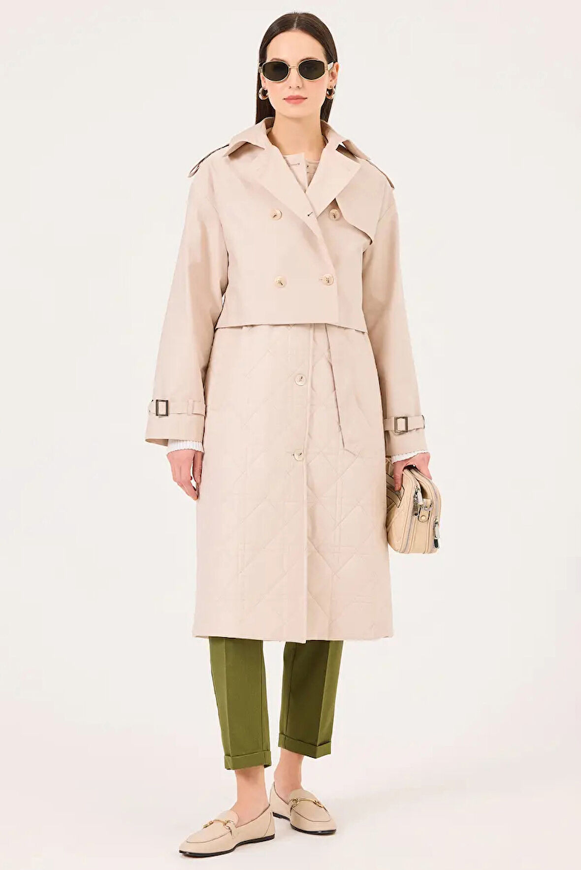 Kadın İç Yelekli Düğmeli Kuşaklı Trençkot - Bej | 36