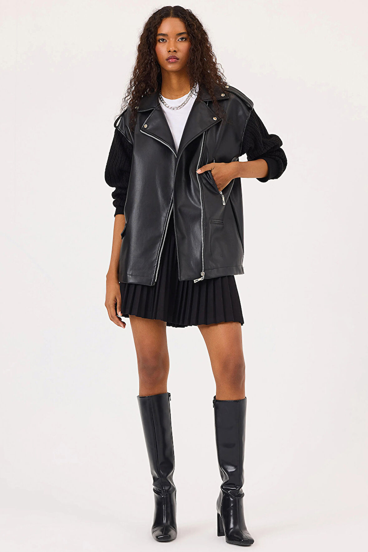 Seçil Kadın Çift Kumaşlı Cepli Fermuarlı Suni Deri Ceket 0039 Siyah