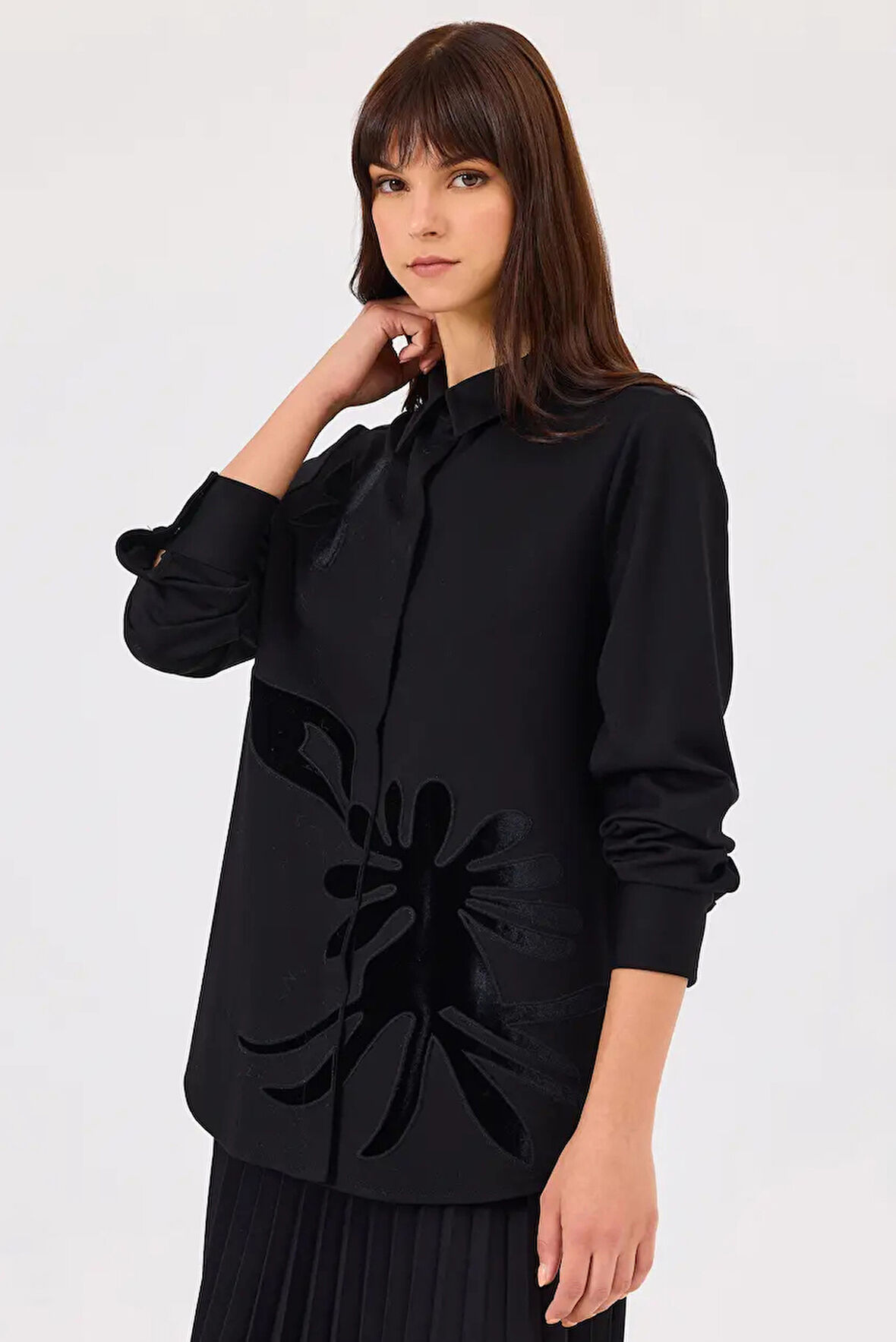 Kadın Desenli Düğmeli Gömlek - Siyah | S