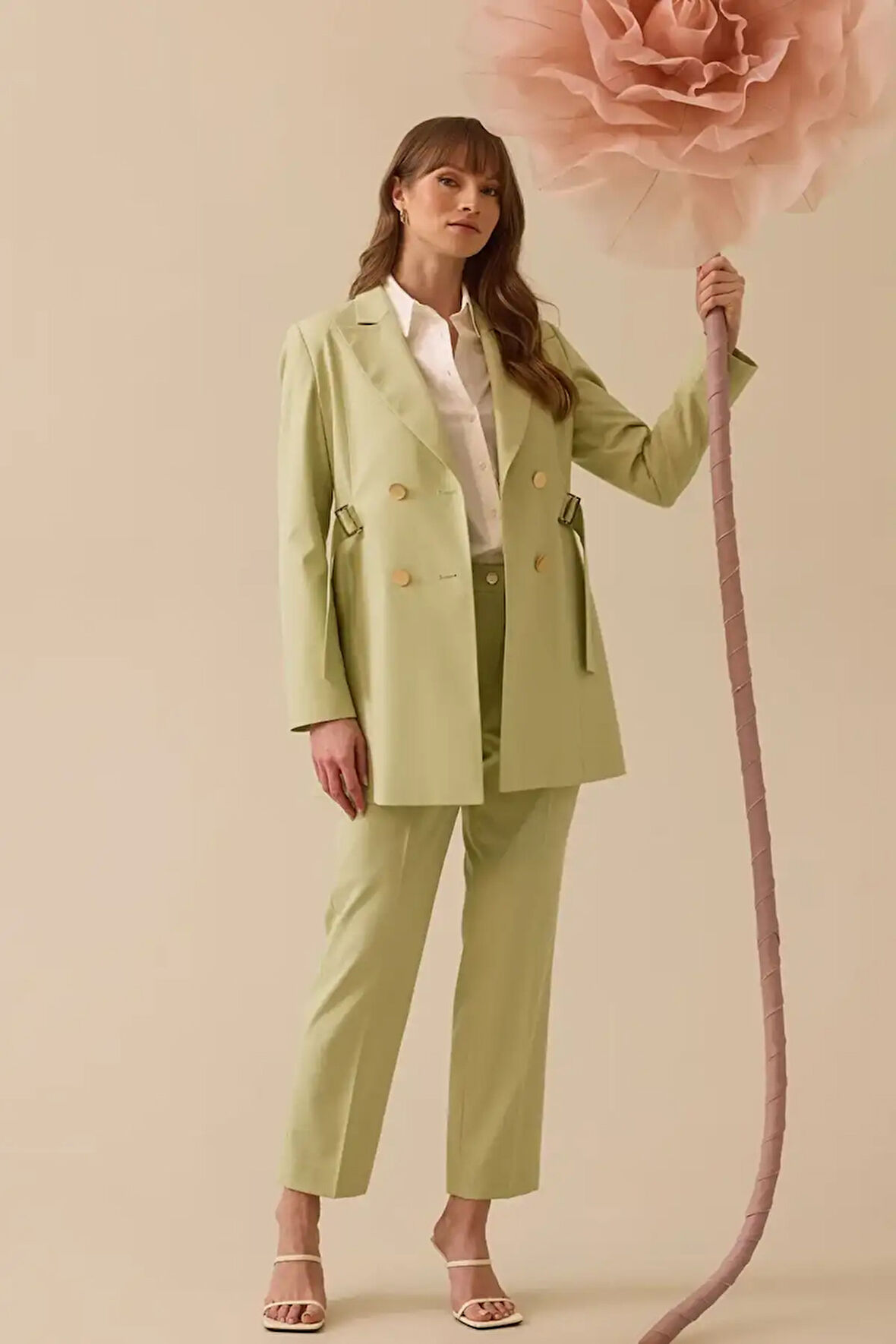 Kadın Beli Ayarlanabilir Çift Düğmeli Ceket - Yeşil | 42