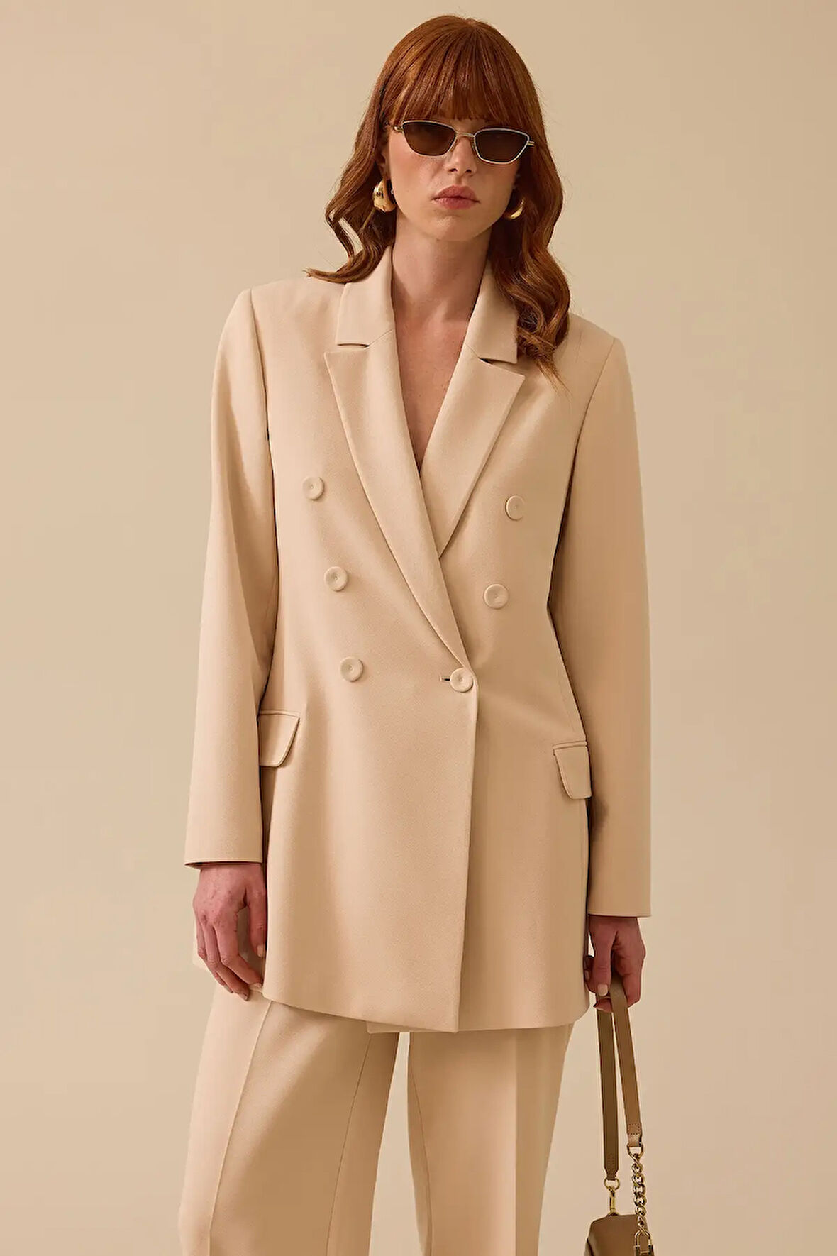 Kadın Kruvaze Yaka Düğmeli Uzun Ceket - Krem | 42