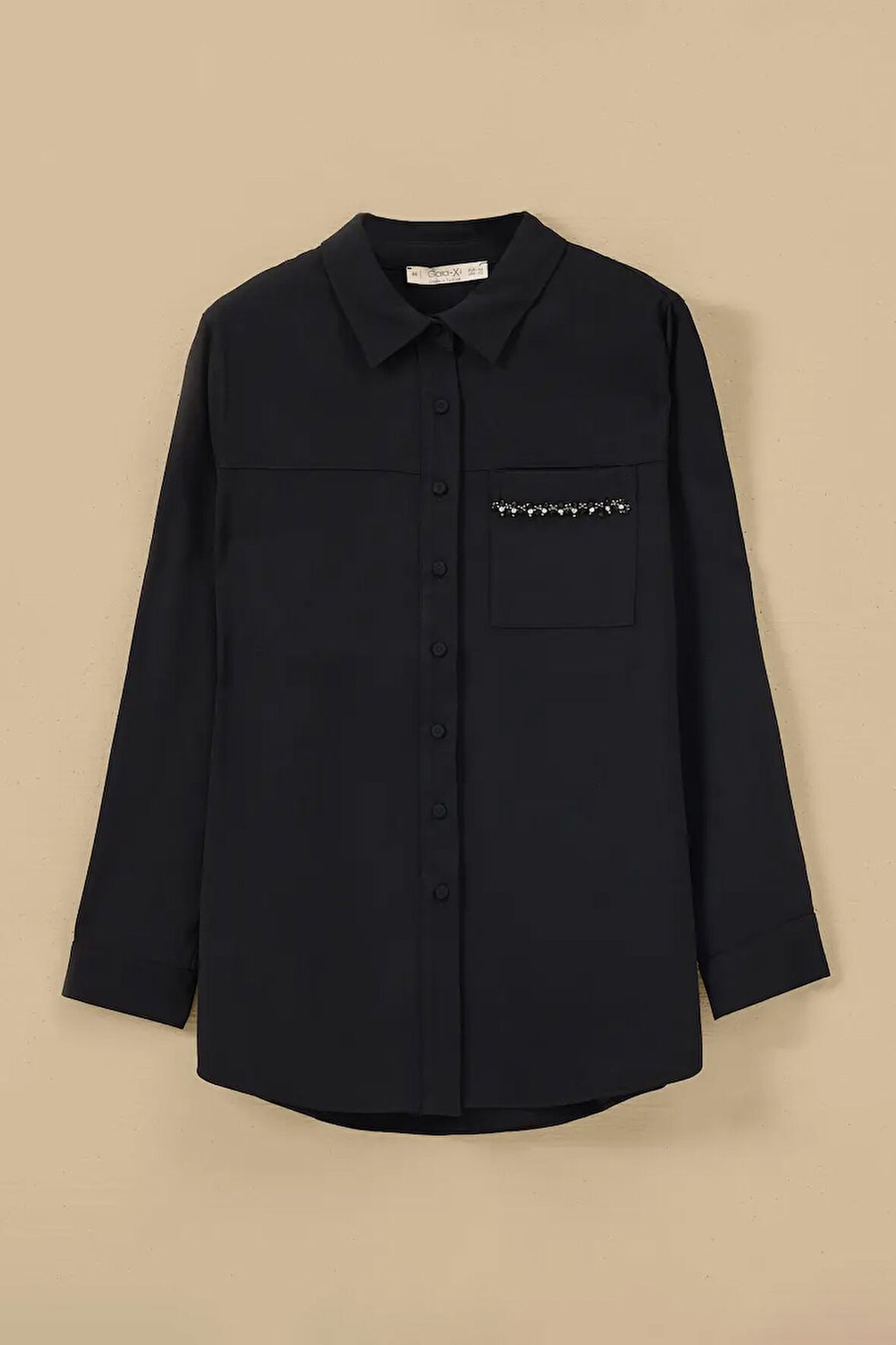 Kadın Büyük Beden Taş Detaylı Düğmeli Gömlek - Siyah | 48