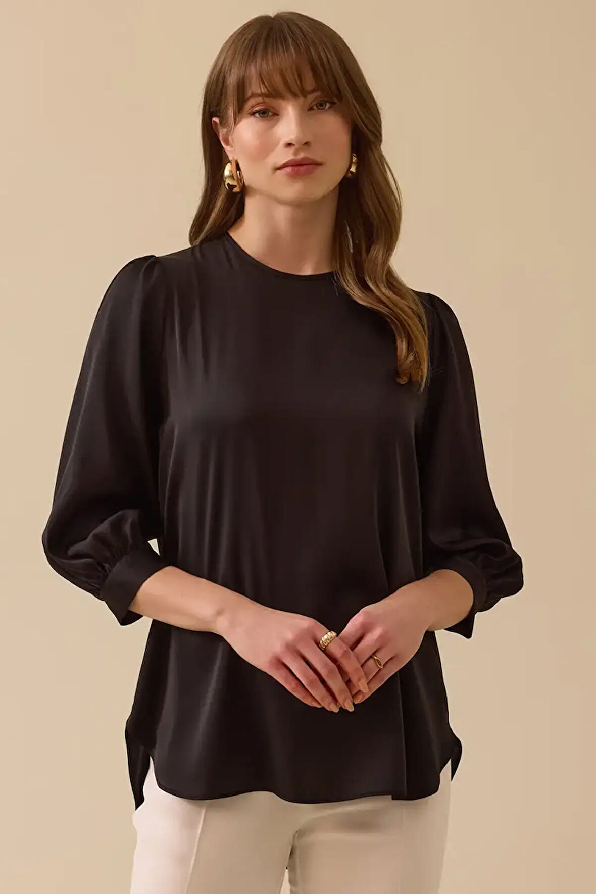 Kadın Yuvarlak Yaka Balo Kol Bluz - Siyah | 44