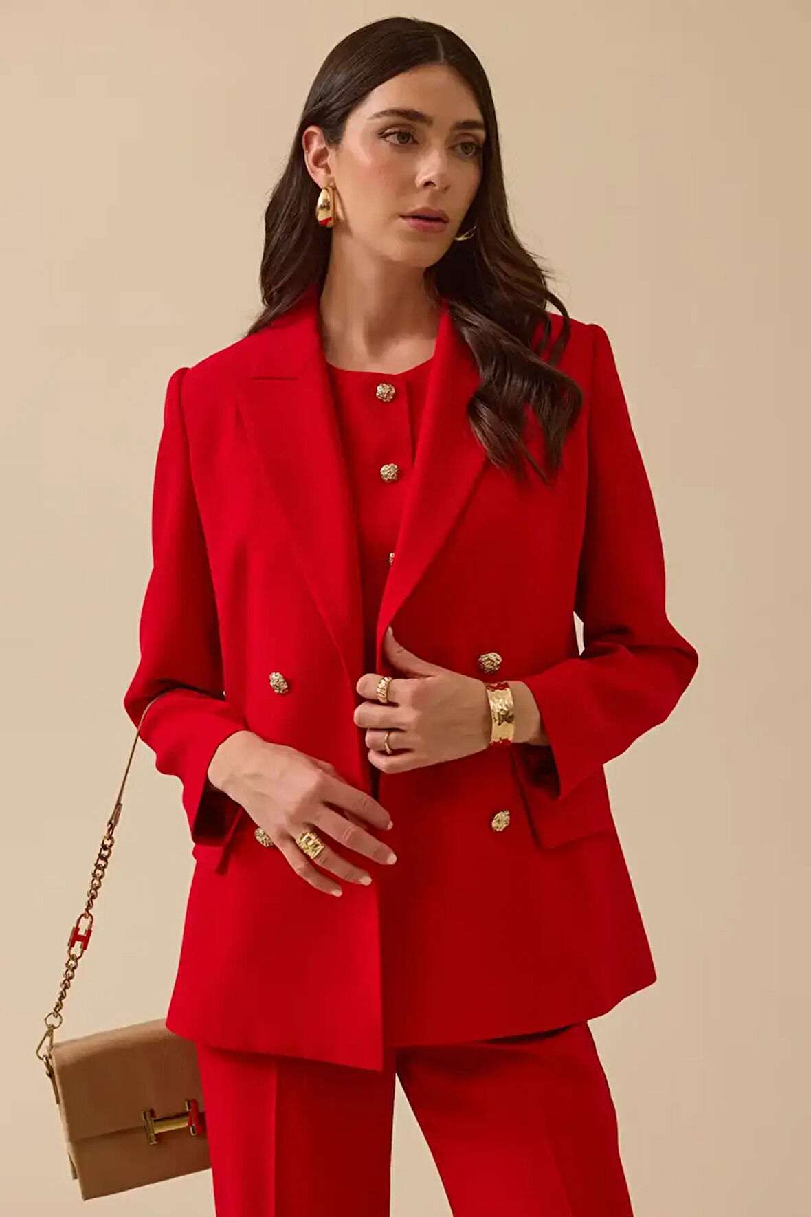 Kadın Gold Düğme Detaylı Kruvaze Blazer Ceket - Kırmızı | 38