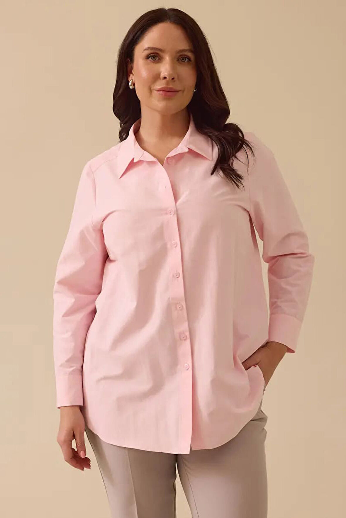 Kadın Büyük Beden Klasik Kesim Düğmeli Gömlek - Pembe | 46