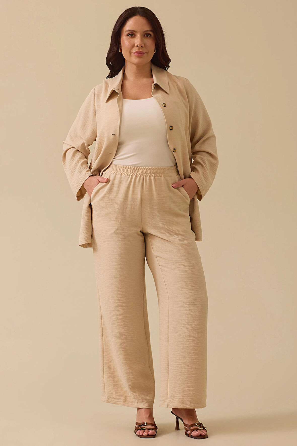 Galaxi Kadın Büyük Beden Elastik Bel Cepli Rahat Kesim Pantolon 4013 Bej