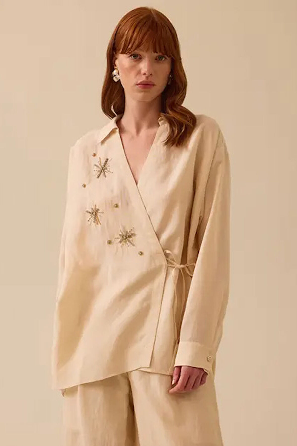 Kadın Keten Görünümlü Kruvaze Bağlamalı Gömlek - Bej | 44