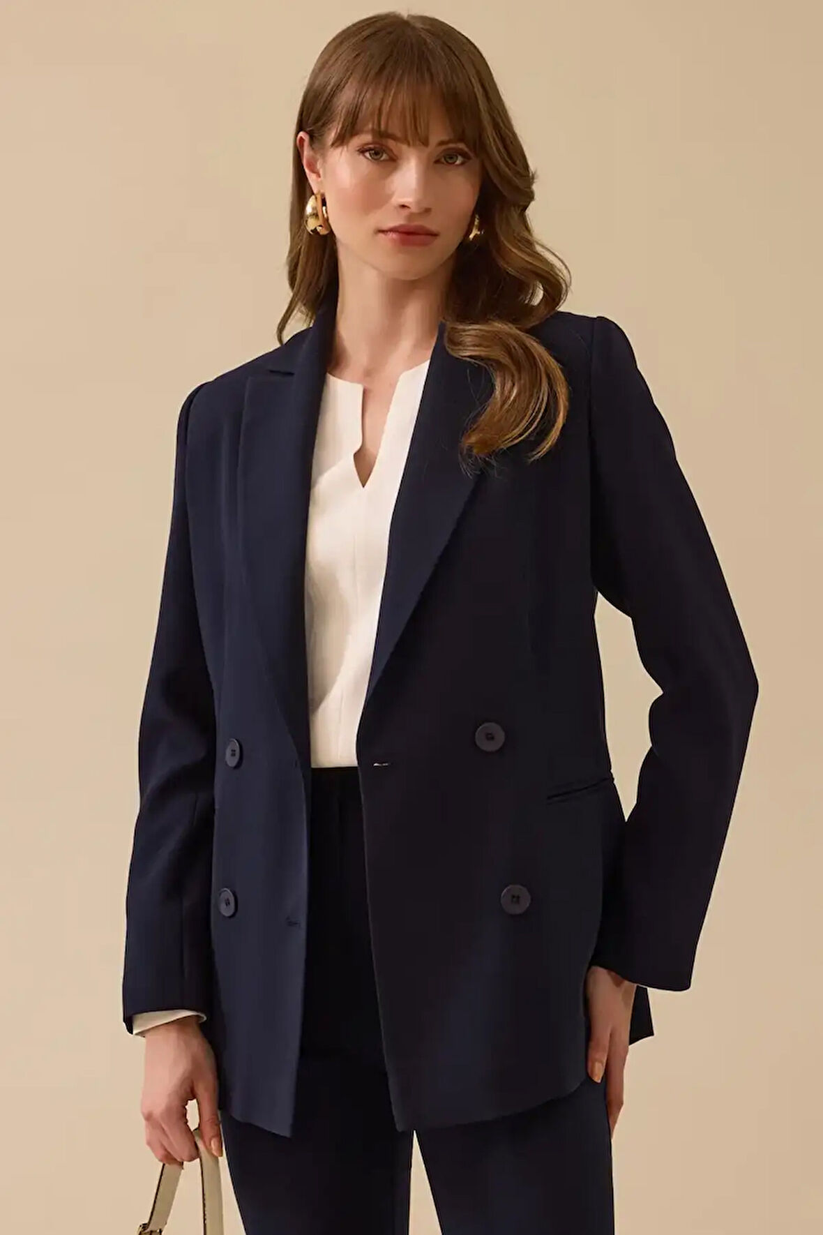 Kadın Kruvaze Yaka Düğmeli Astarlı Ceket - Lacivert | 38