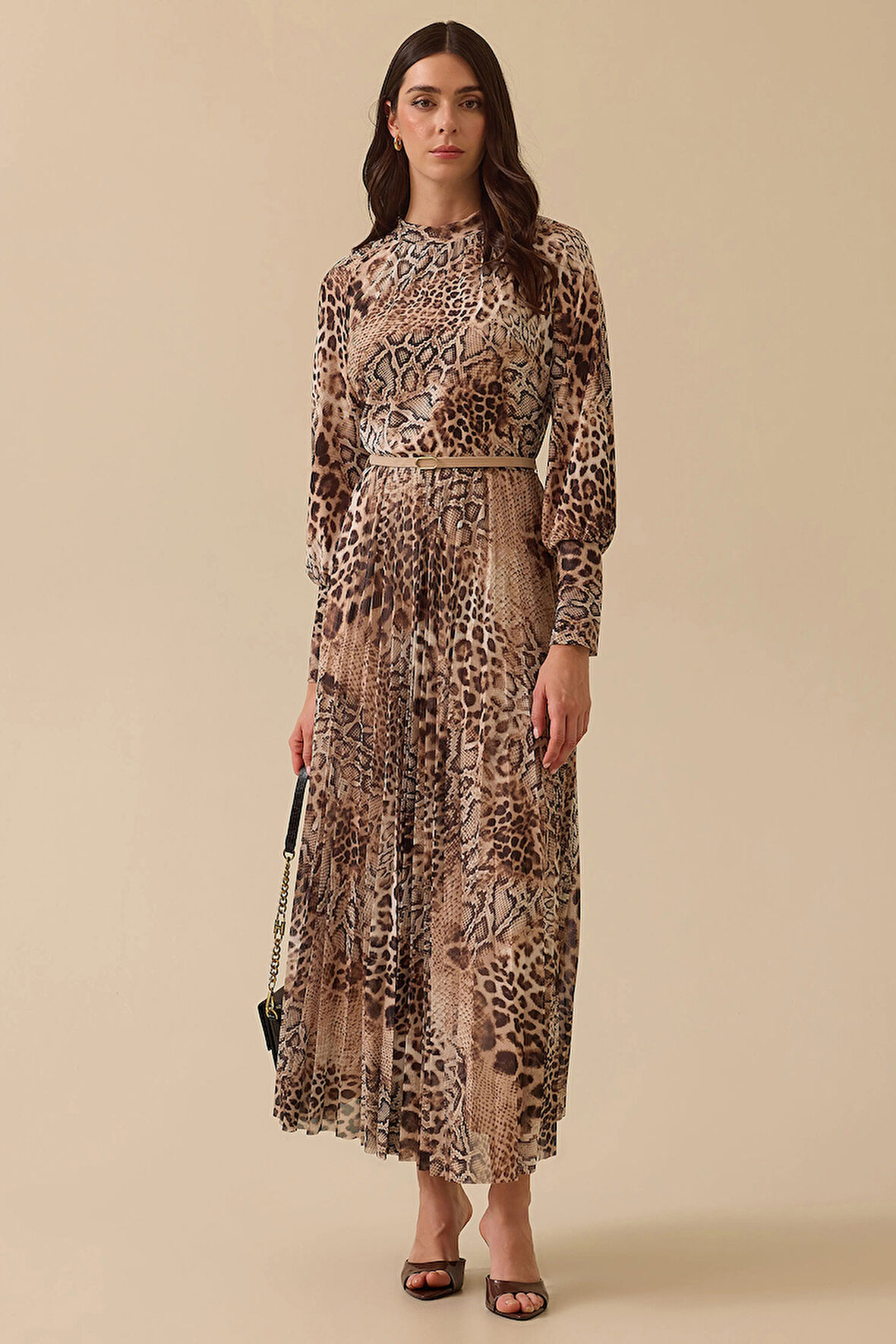 Seçil Kadın Leopar Desen Kemer Detaylı Maksi Elbise 0025 Camel