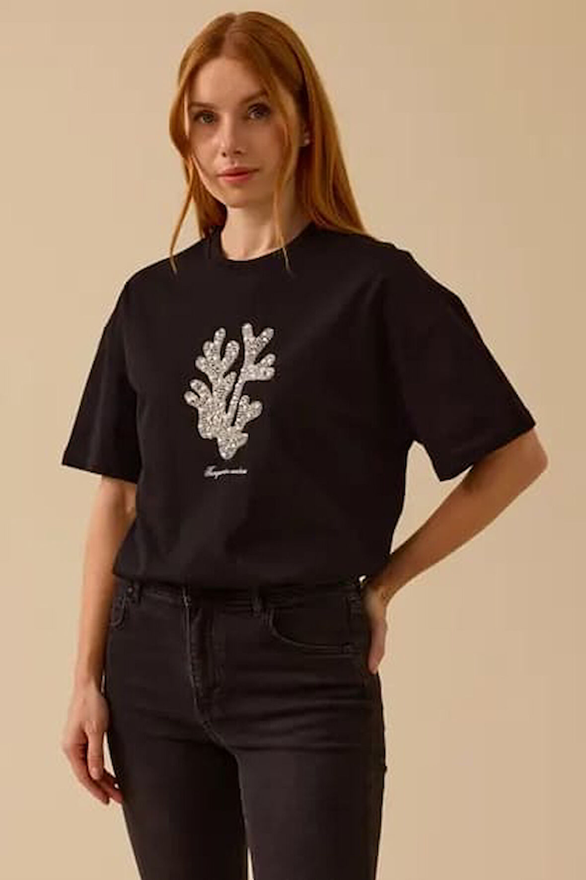 Kadın Taş Detaylı Baskılı T-Shirt - Siyah | S