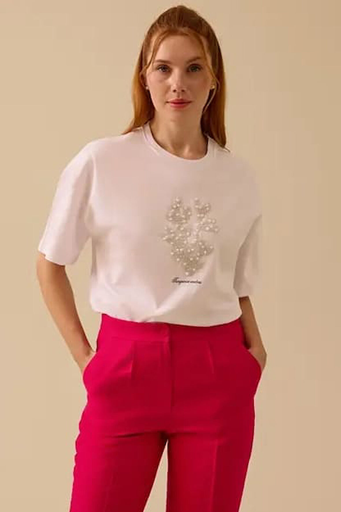 Kadın Taş Detaylı Baskılı T-Shirt - Beyaz | L