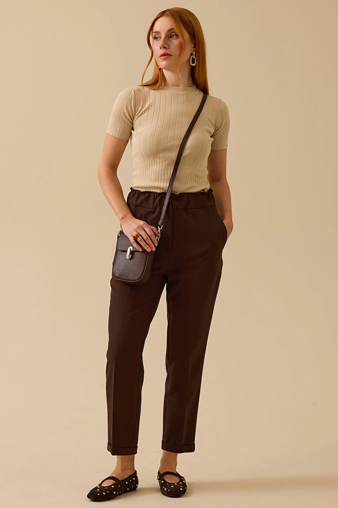 Seçil Kadın Beli Büzgülü Havuç Kesim Pantolon 0031 Kahverengi