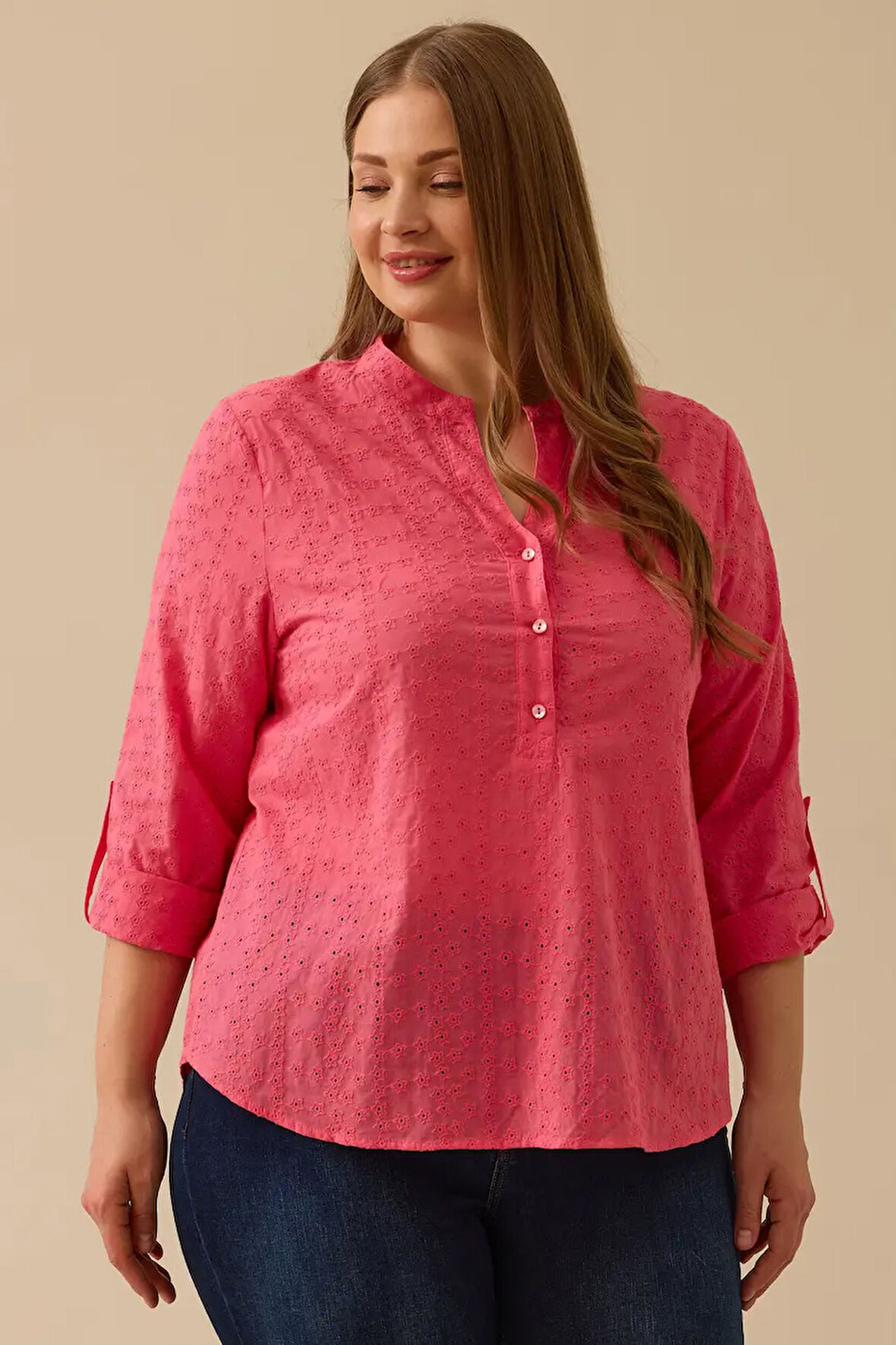 Kadın Büyük Beden Hakim Yaka Düğme Detaylı Bluz - Pembe | 46
