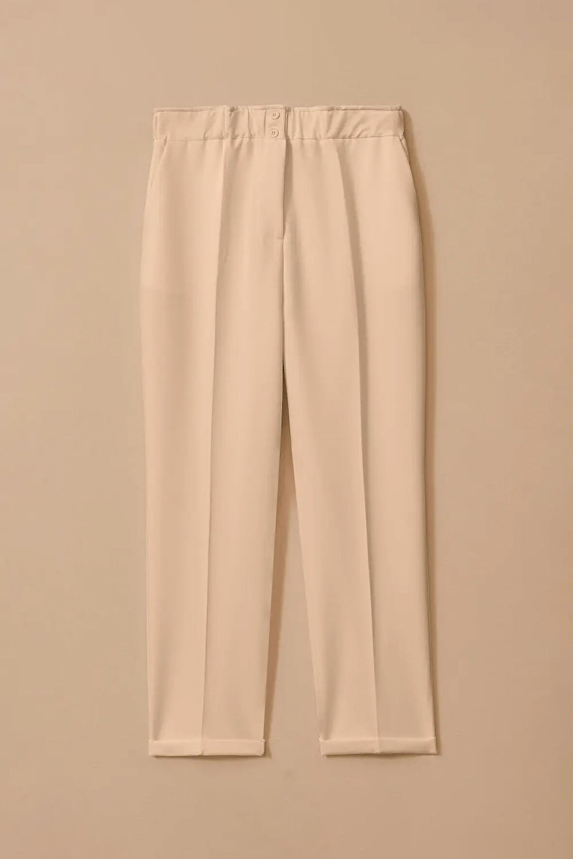 Kadın Büyük Beden Beli Büzgülü Duble Paça Pantolon - Bej | 48