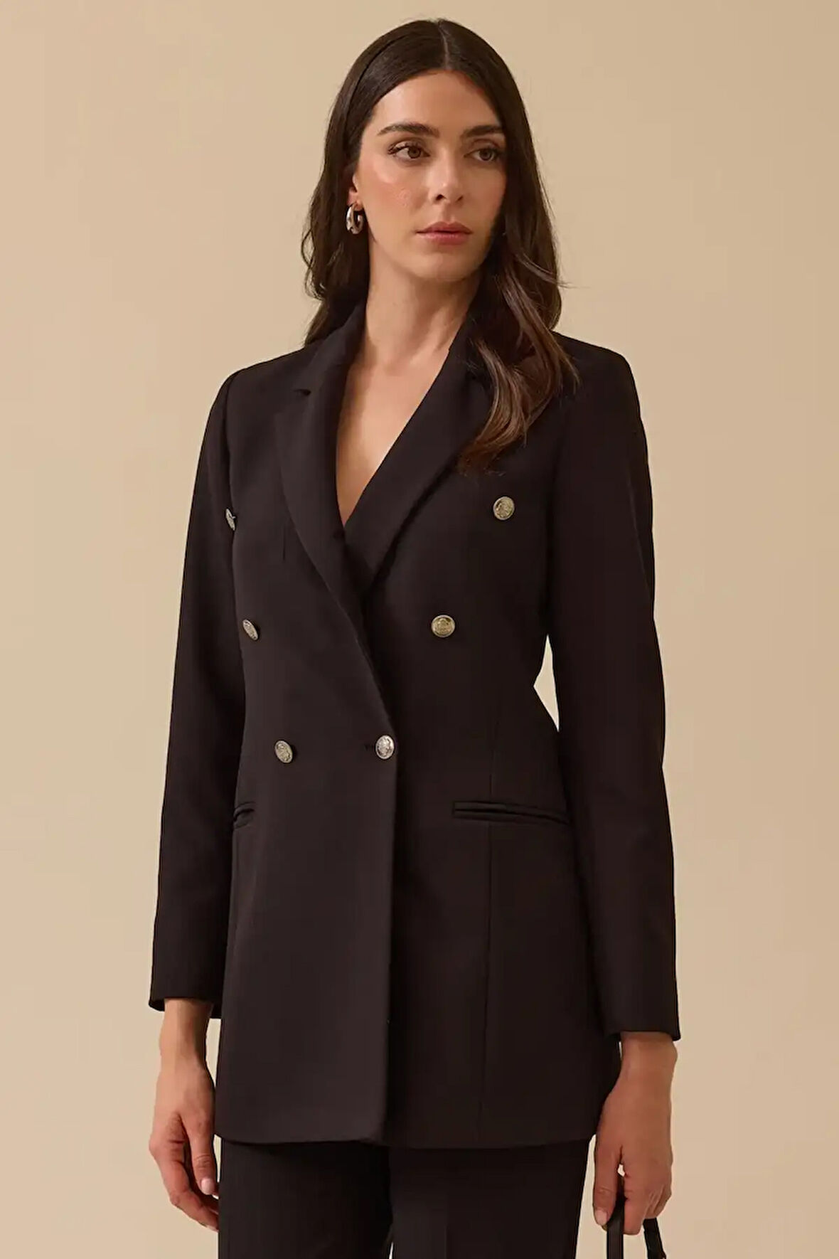 Kadın Düğmeli Klasik Kesim Blazer Ceket - Siyah | 44