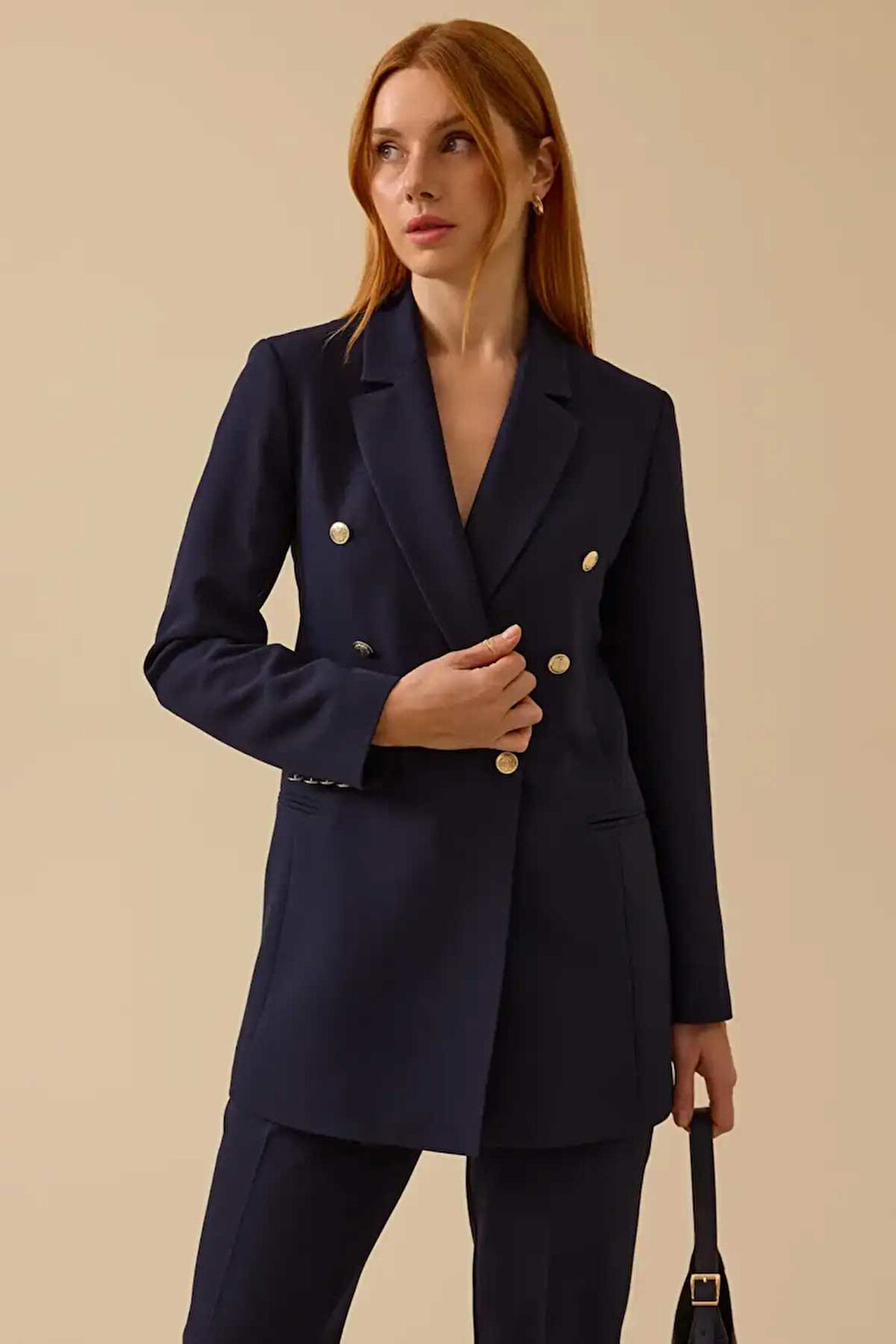 Kadın Düğmeli Klasik Kesim Blazer Ceket - Lacivert | 38