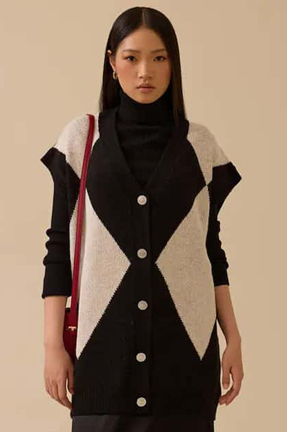 Kadın Blok Geçişli Düğmeli Triko Hırka - Siyah | STD