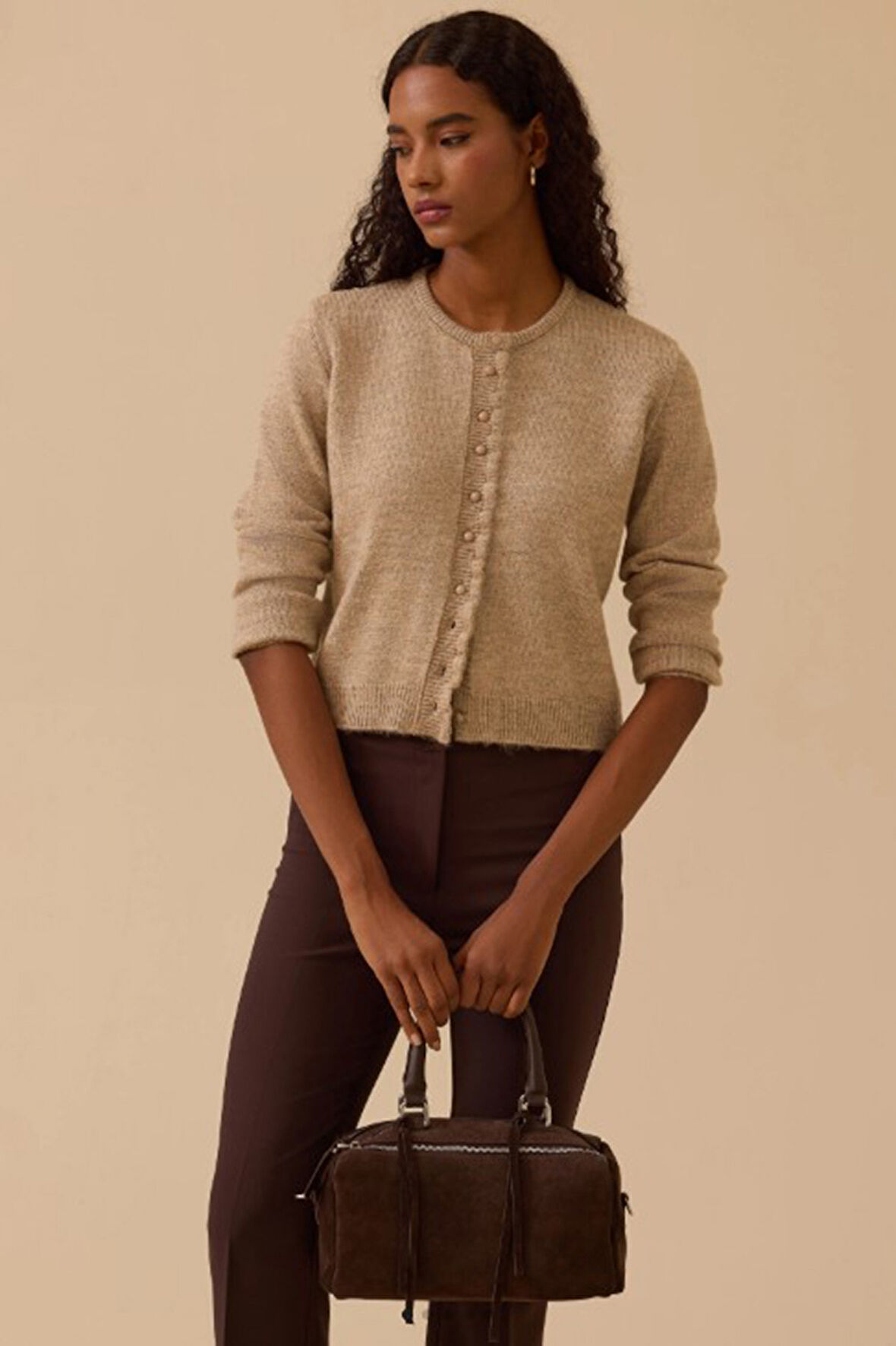 Kadın Düğmeli Bel Boy Triko Hırka - Bej | L