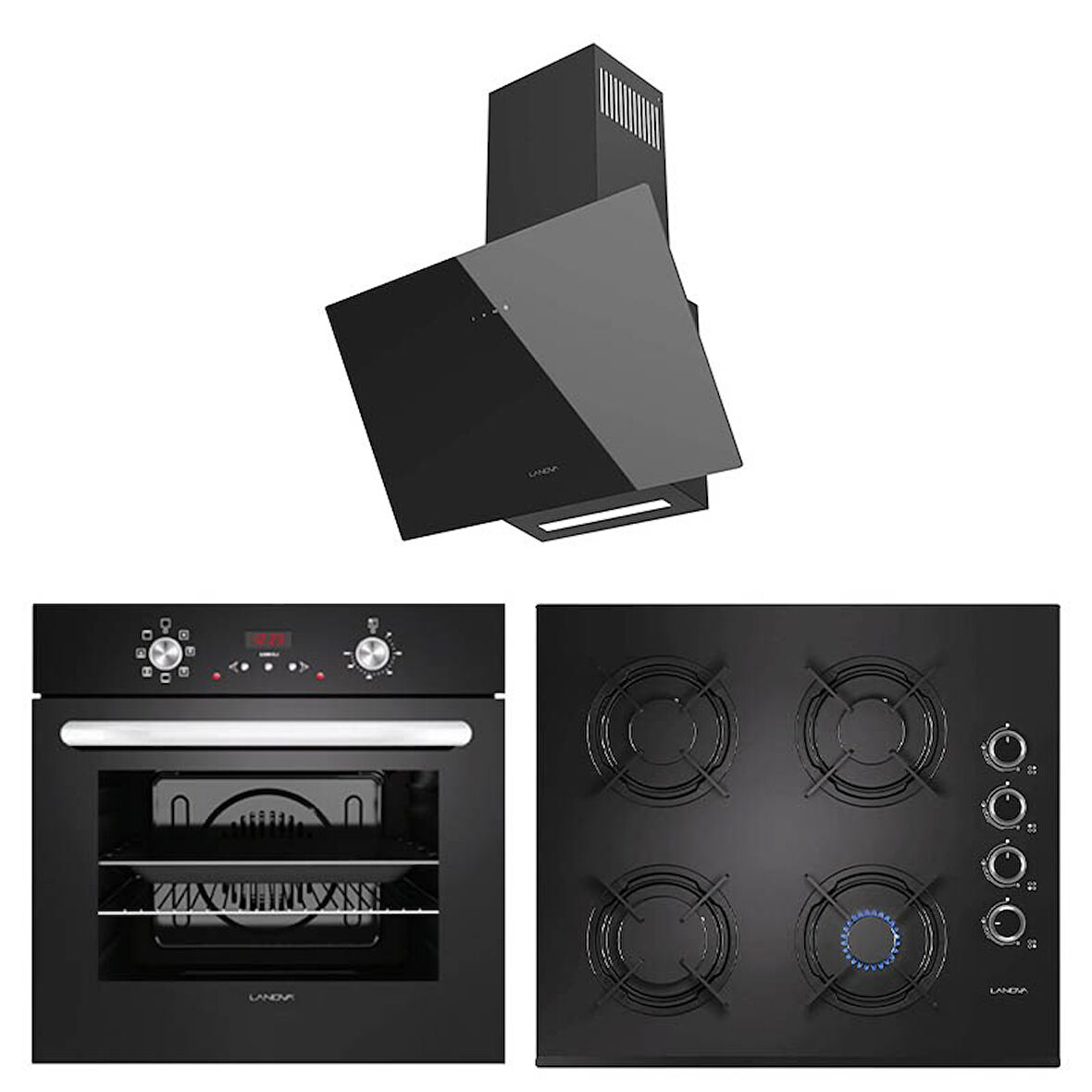 Lanova Black 3207B01 - G16400-201 - 3220B6 Siyah Cam Ankastre Set