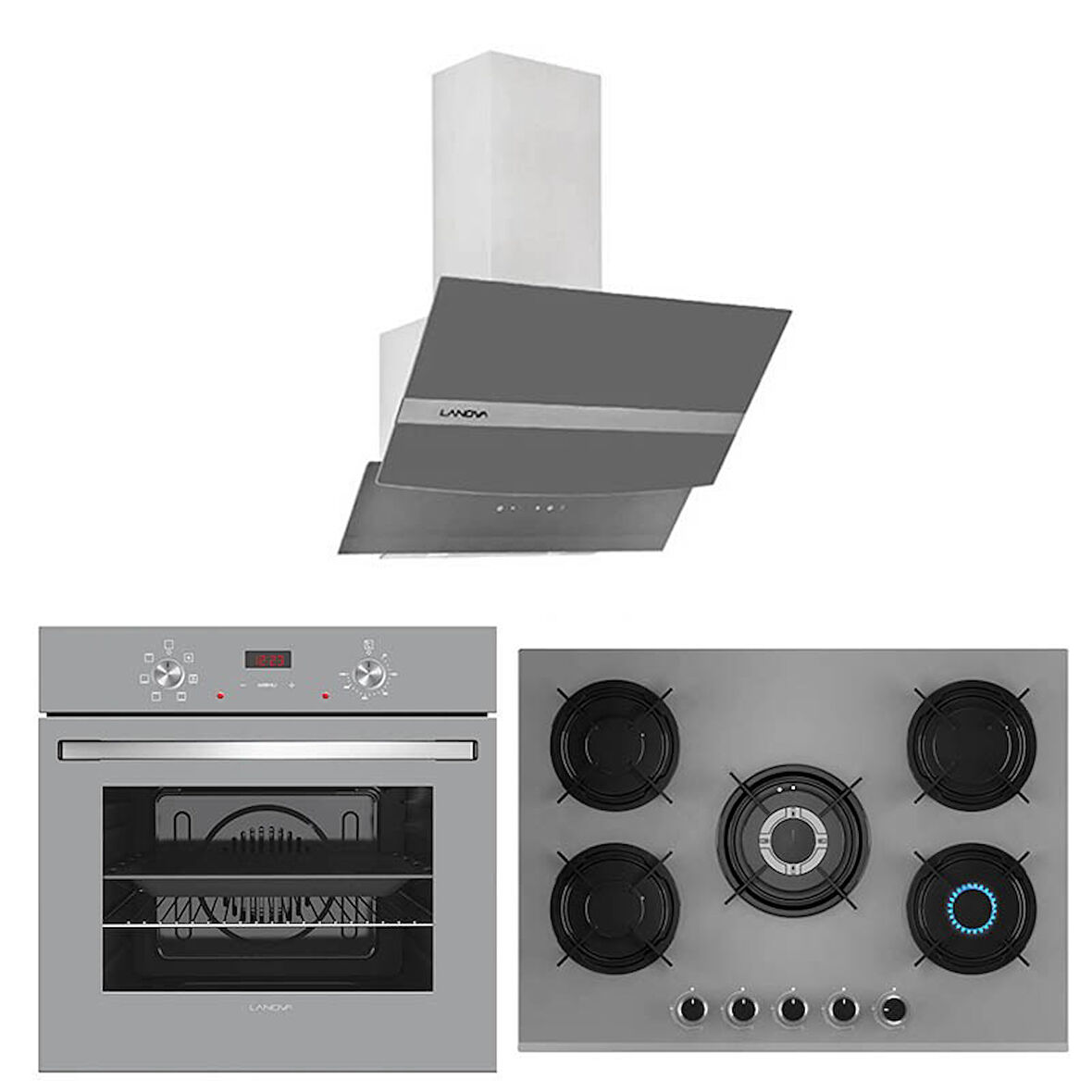Lanova Gümüş 4406G01 - G17402-117 - E3130G6 5 Gözlü Gri Cam Ankastre Set