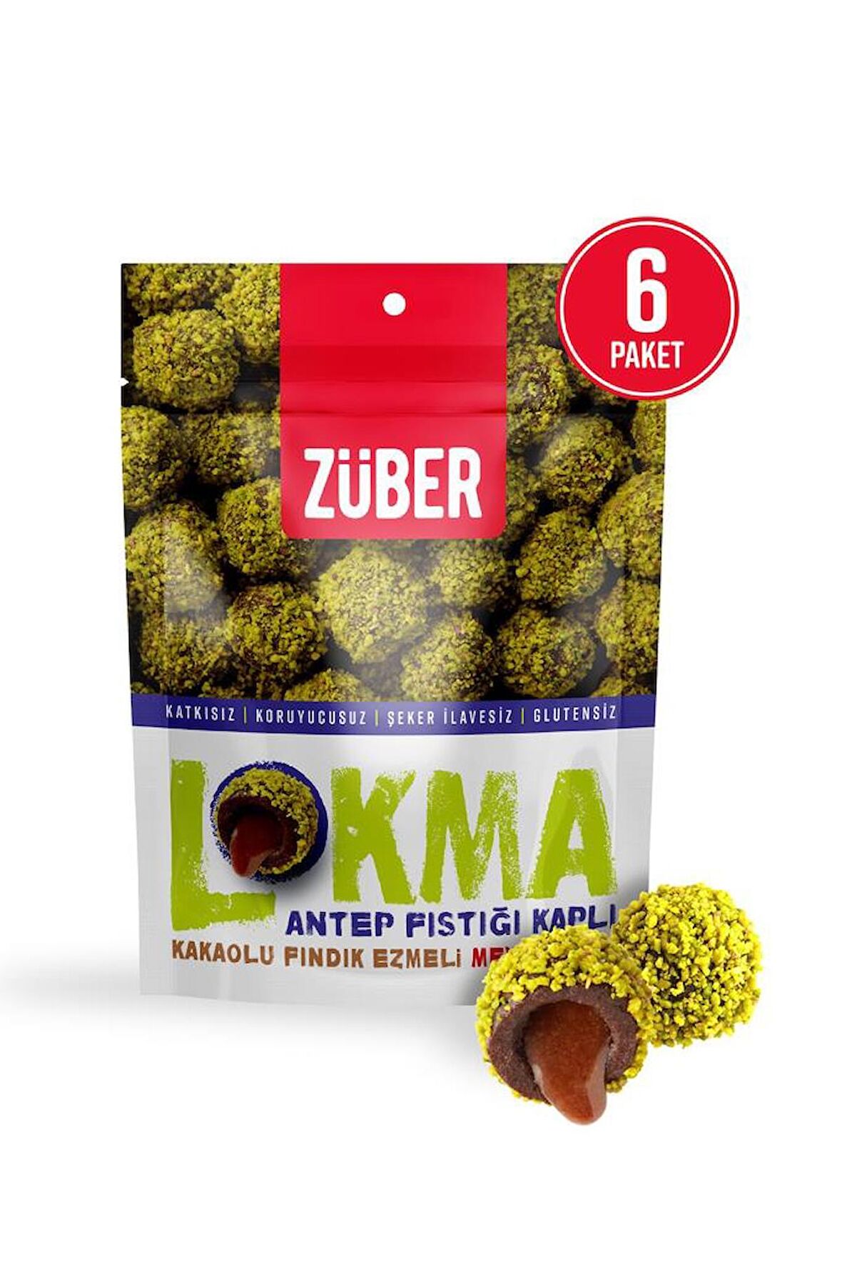 Lokma Antep Fıstığı Kaplı Kakaolu Fındık Ezmeli Meyve Topu 96g X 6 Paket