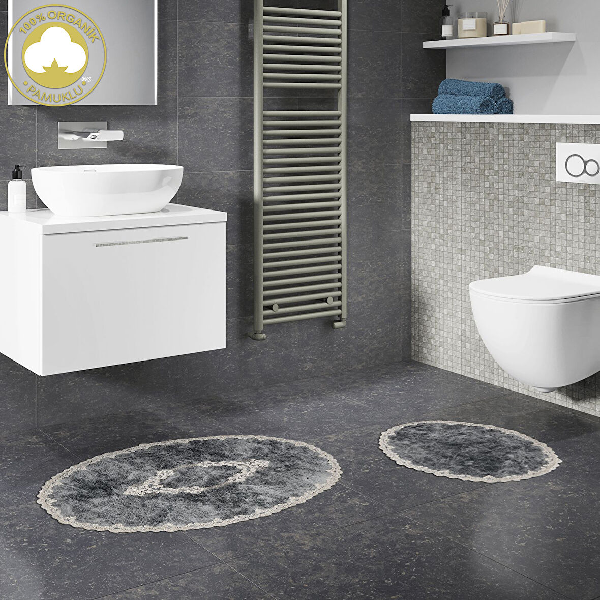 Zümra Lüx Pamuklu Aplikli Oval Banyo Takımı 2 Li Set